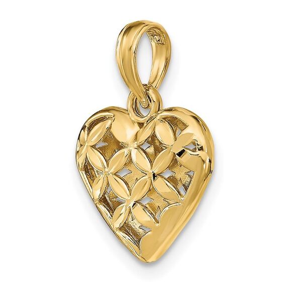 14k Yellow Gold 3-D Diamond-cut Filigree Puffed Heart Charm